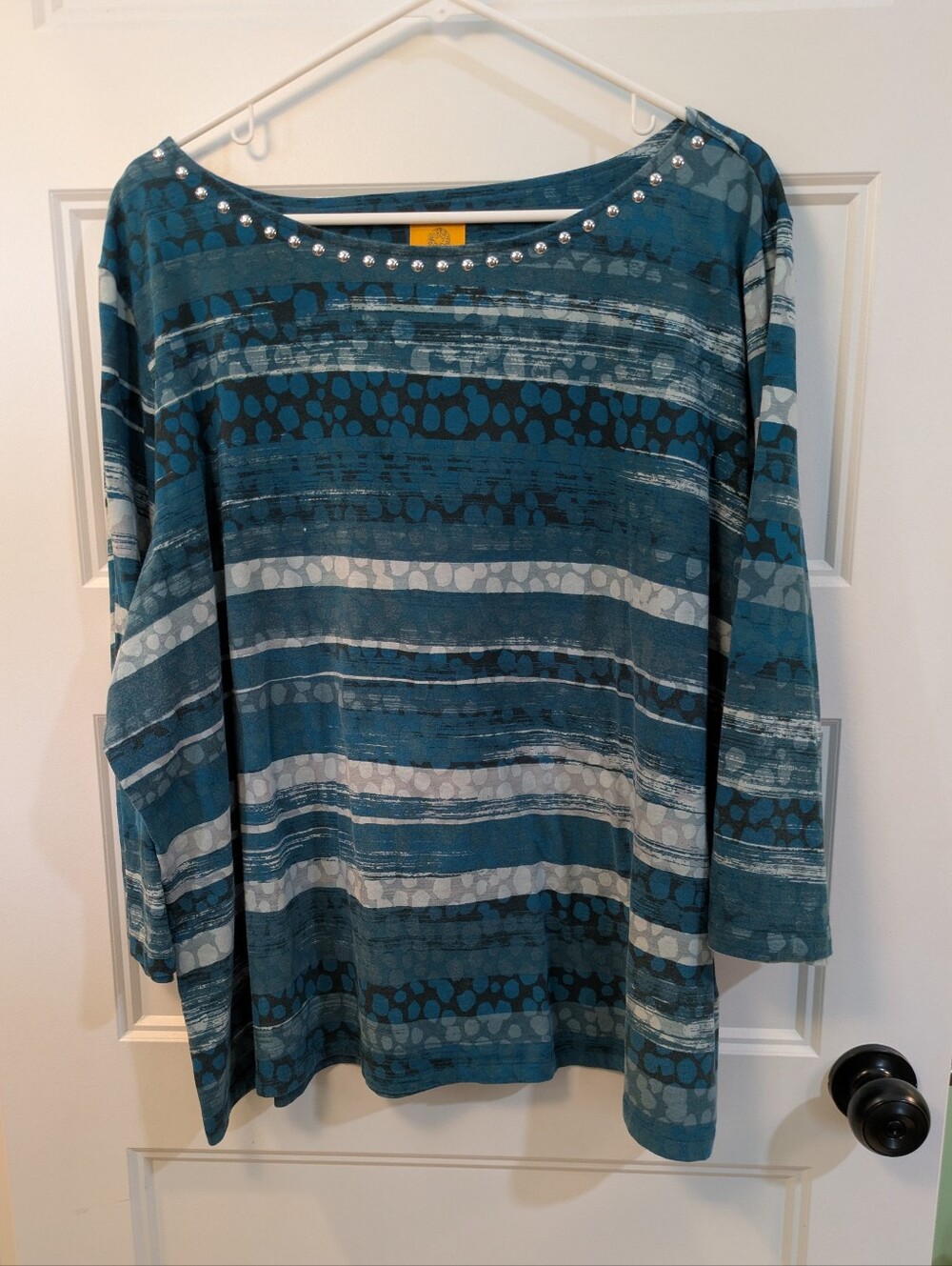 🔴 3/$15  Ruby Rd. Teal and White Striped Tunic with Rhinestone Neckline